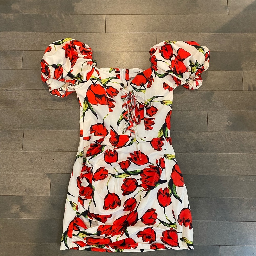 Red and white Floral tie up dress